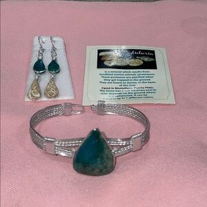 Silver Bracelet and Earring Set with Green Stone